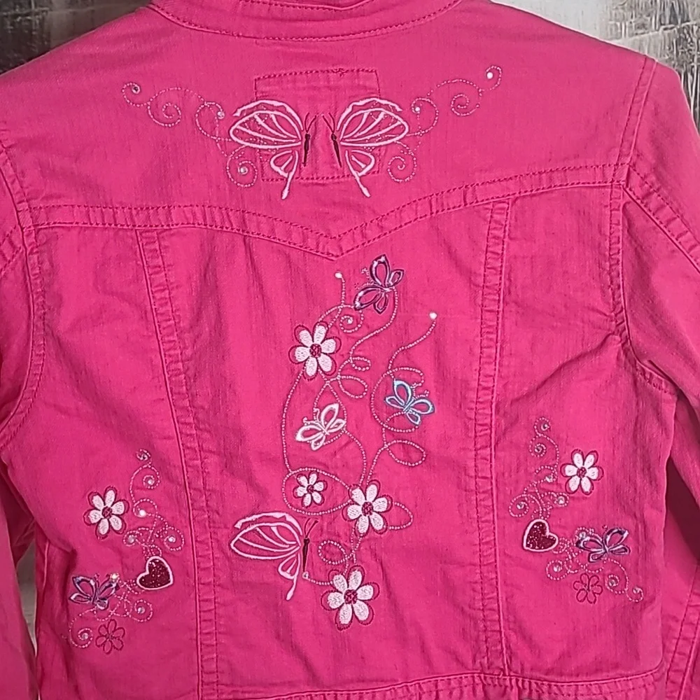 Justice Girls 14 hot pink denim jean jacket sparkly fun embroidered Love